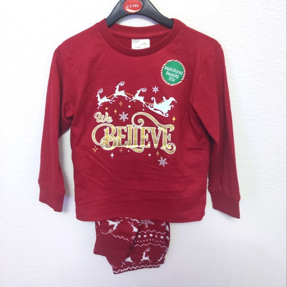 NWT We Believe Red: Festive Family Pajama Set Reindeer shiny Gold Cotton